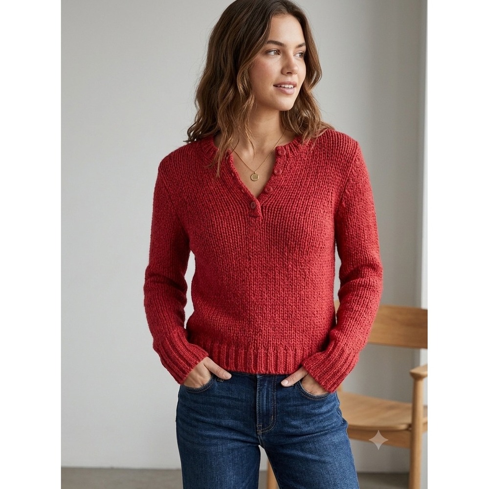 American Eagle Y2K Vintage Red Chunky Shaker Knit Henley‎ Sweater Small